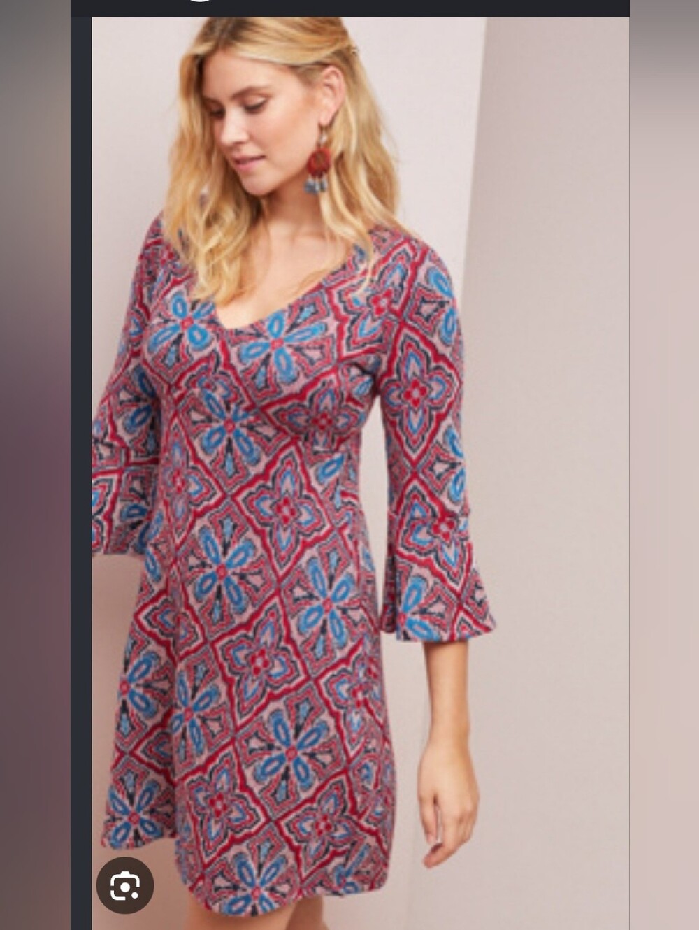 Maeve Red and Blue Printed V-Neck Long Sleeve Dress
